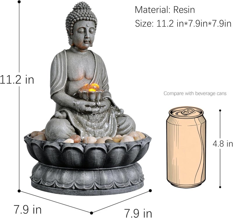 GOSSI 11.2 in Tall Indoor Décor Tabletop Buddha Fountains Desk Water Sitting Buddha Fountain Zen Fountain w/Reflective Lighting/Cobblestone Office and Home Decor - Image 2